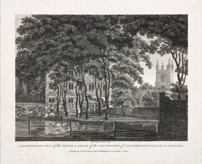 Eine Nordostansicht des Turms und der Lodge des Palastes des Erzbischofs von Canterbury in Croydon, 1808 von Pouncy